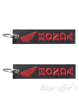 Honda embroidered keychain in vertical position.