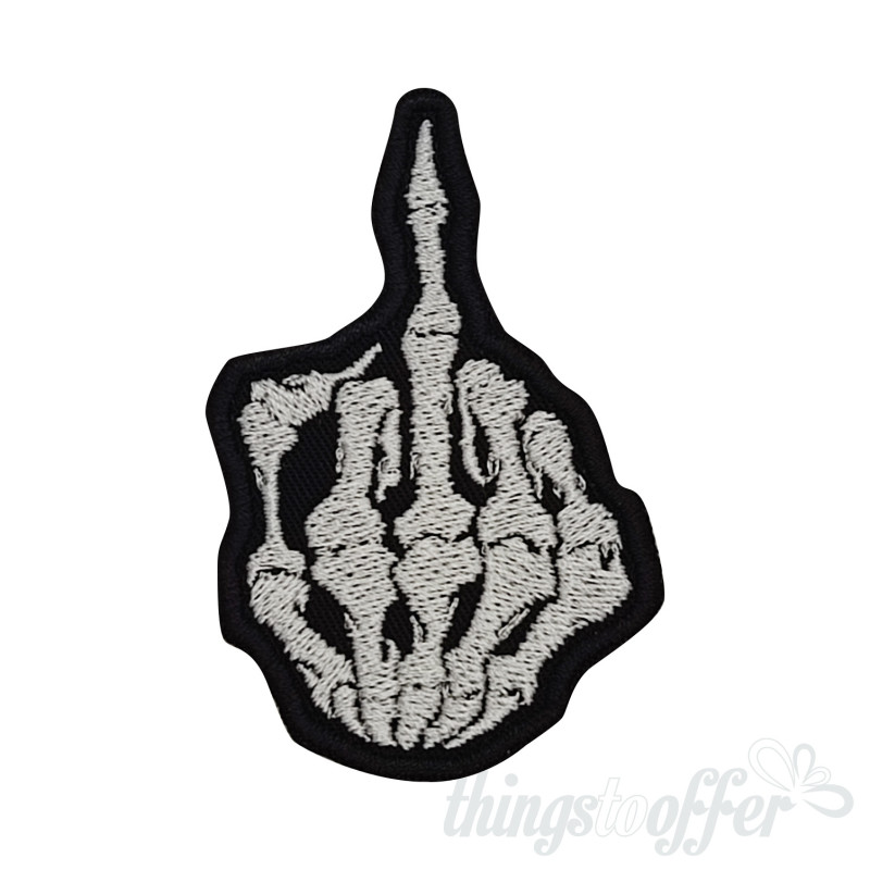 Embroidered patch Skeleton Bone Middle Finger, Biker Punk Chopper